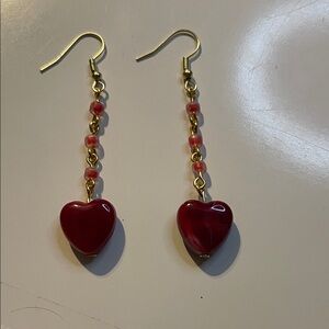 Gold and Red Heart Drop Earrings